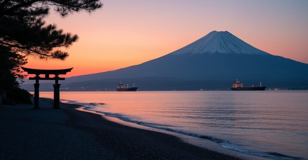 Coastal Silhouettes: Mount Fuji Cutting the Horizon